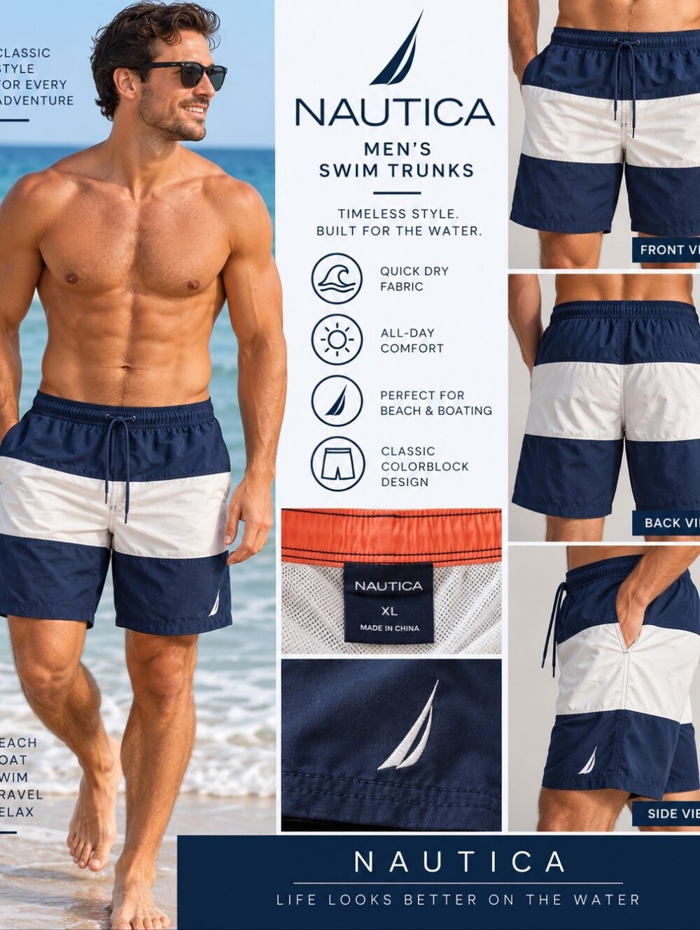Nautica Men’s Colorblock Swim Trunks – Navy & White